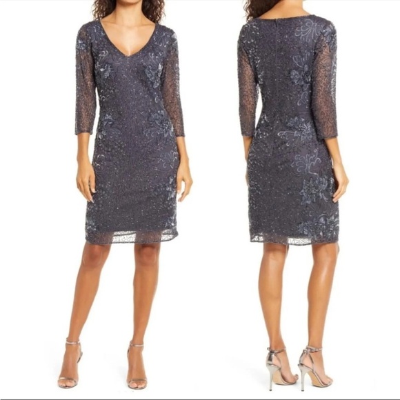 New Pisarro Nights Beaded V Neck Cocktail Dress Dark Gray Sheer Sleeve Sz 12 - Picture 1 of 11